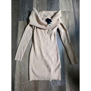 Fashion Nova Ribbed Knit Dress Women 2X Beige NEW Cowl Neck Off Shoulder Mini